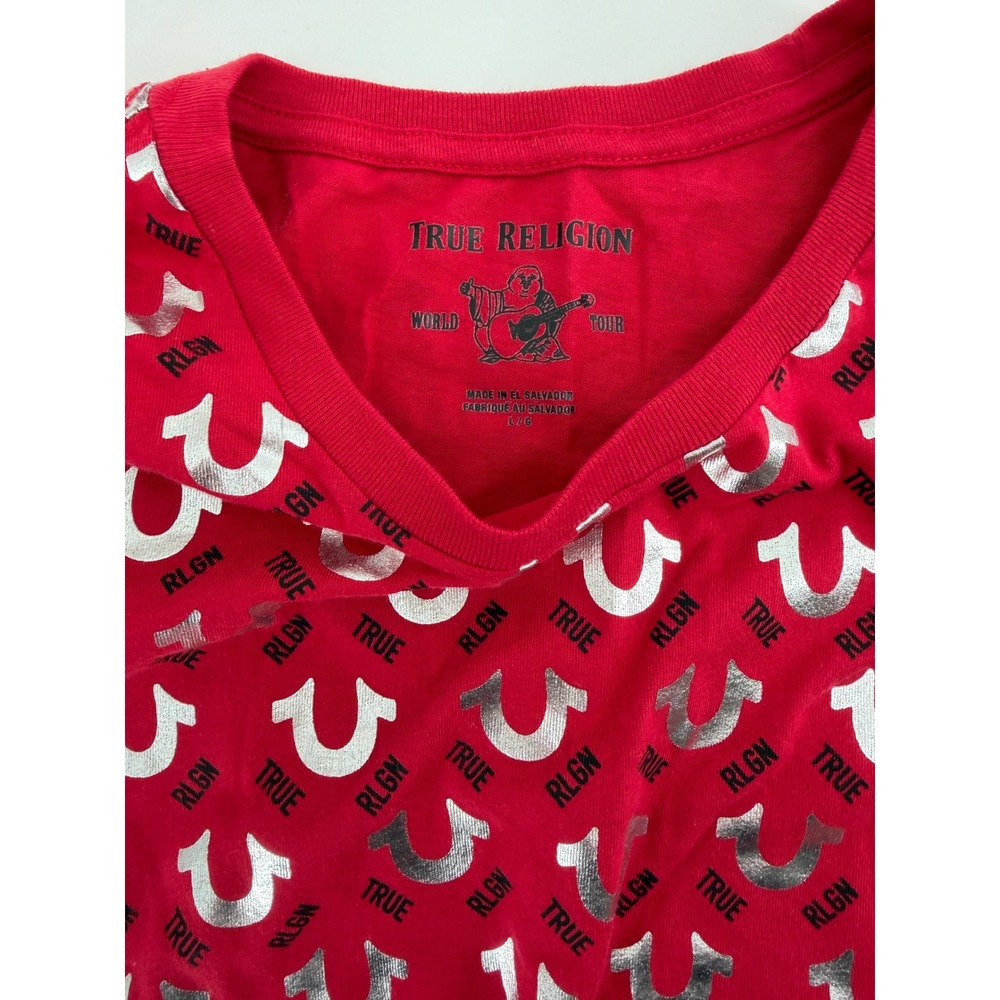 True Religion Mens Red Silver Metallic Horseshoe Logo All Over Print T-Shirt L‎ - Picture 4 of 4